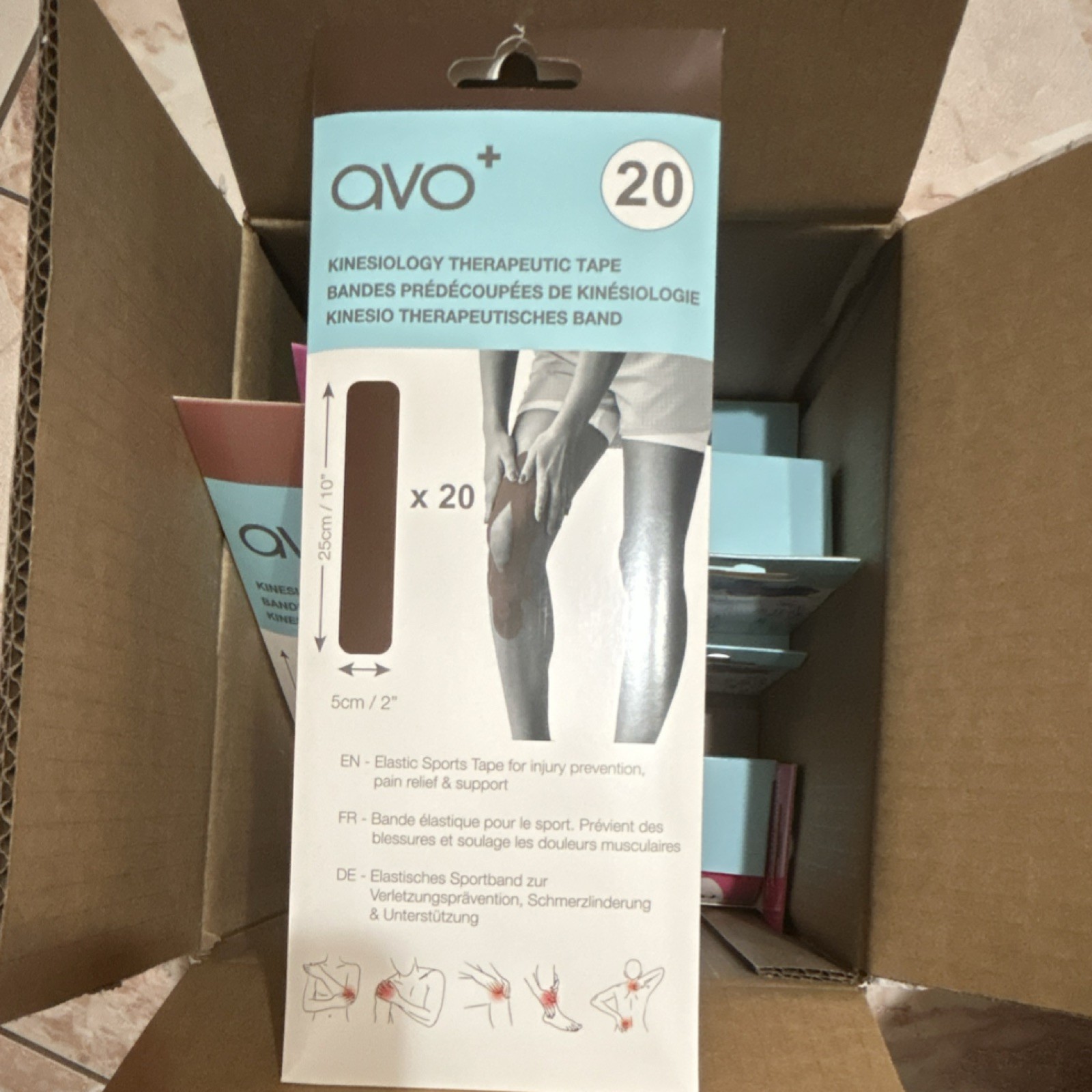 avo+ Kinesiology Therapeutic Tape Brown 5cm x 25cm 20 Pack Elastic Pain Relief