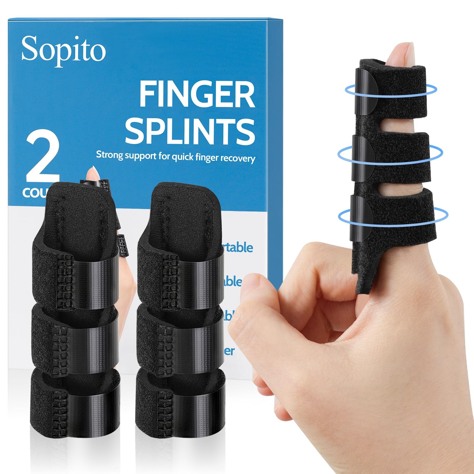 Sopito Finger Splint Brace for Index, Middle, Ring Fingers One Size, Black