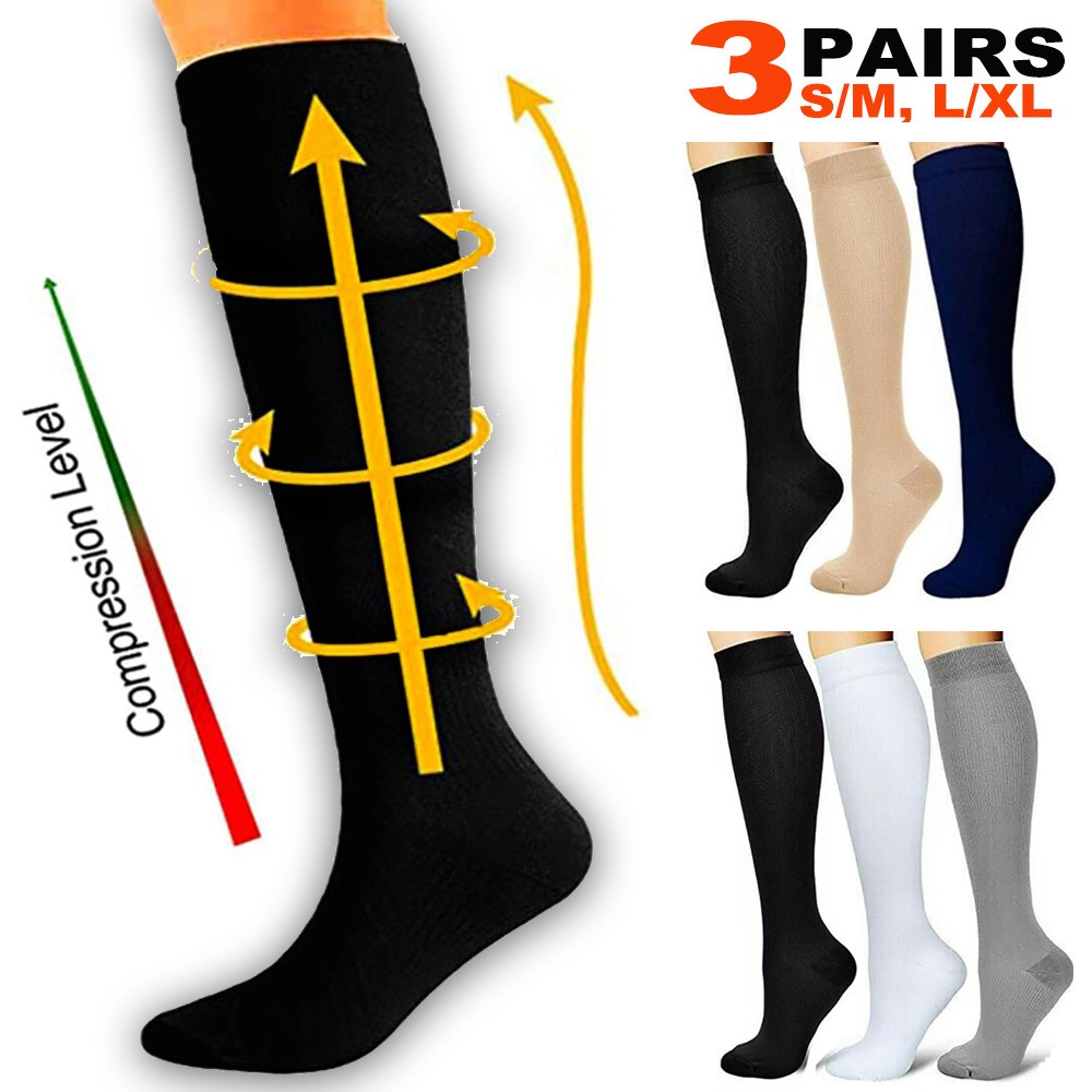 3 Pack Cotton Compression Socks (15-20mmHg) Moisture Wicking Support Stockings
