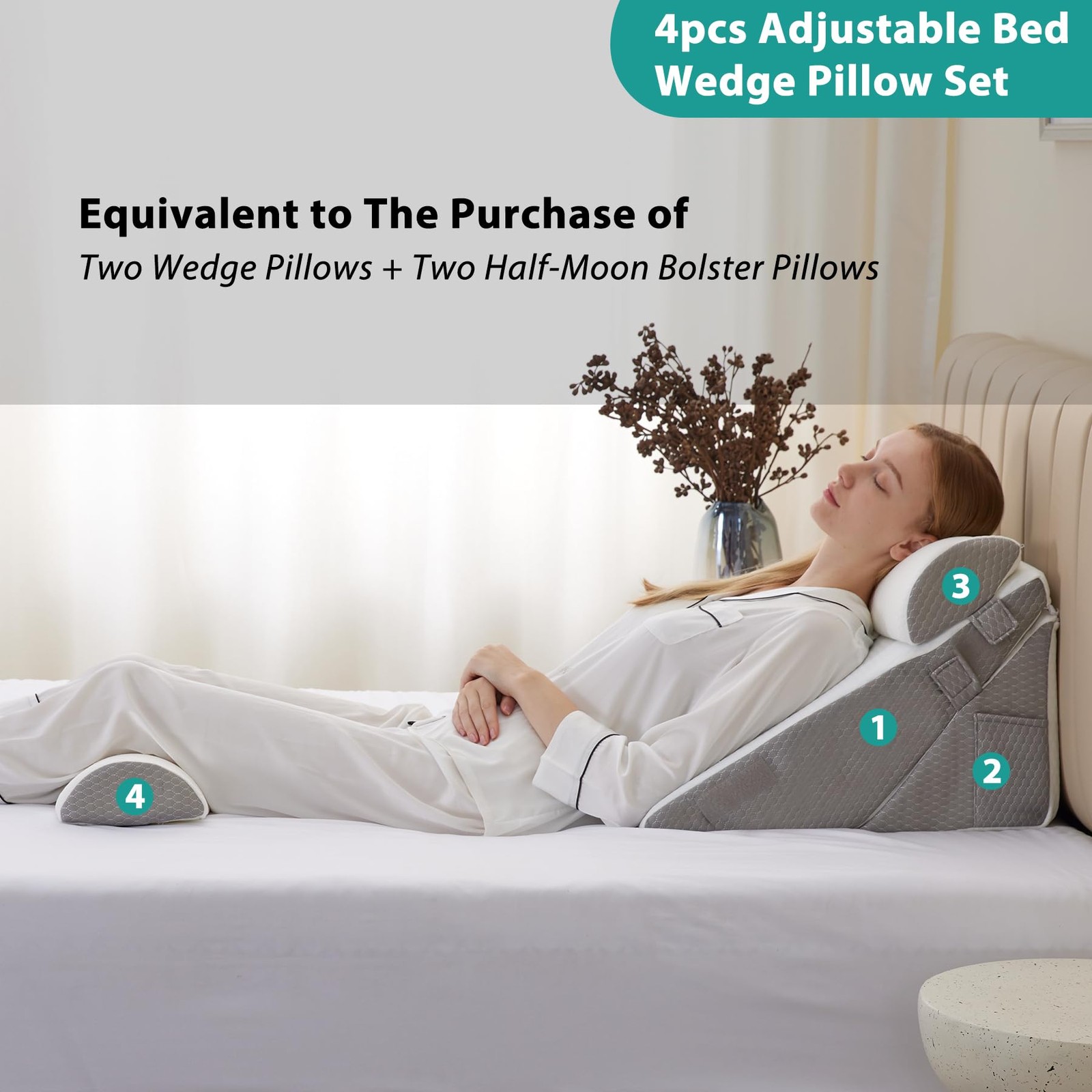 Bedluxe Adjustable 4pcs Bed 9&12 Inch + 2 Head Pillow, White/Grey