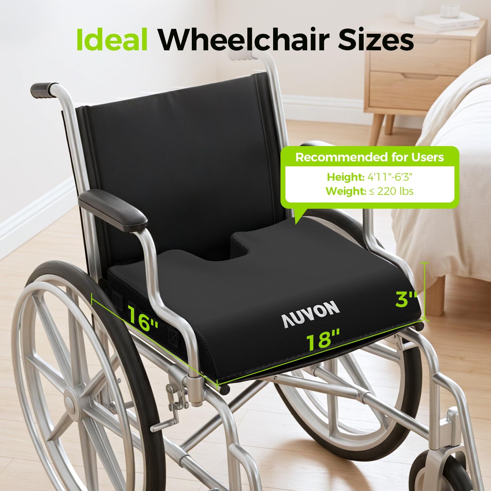 AUVON Gel Wheelchair Seat Cushion, Relieve Sciatica, Back, Medium, Black