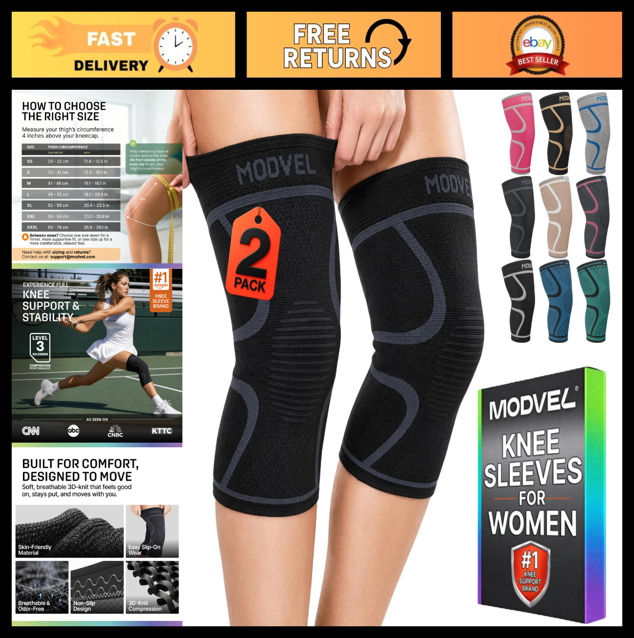 2 Pack Knee Brace for Women – Compression Sleeves for Pain Relief & Support