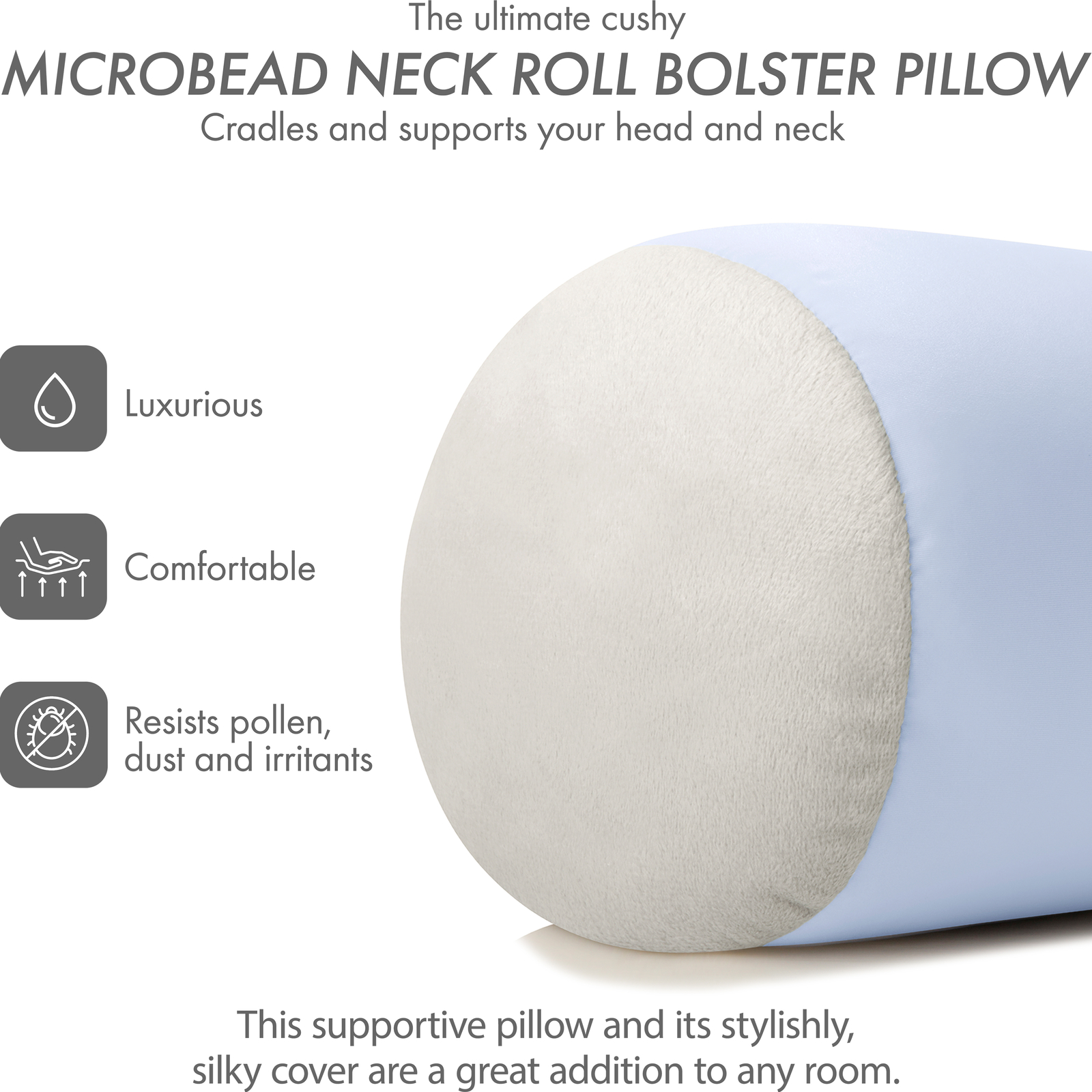 Microbead Bolster Neck Roll Pillow – Silky Feel, 14″ x 8″, Silver Mist