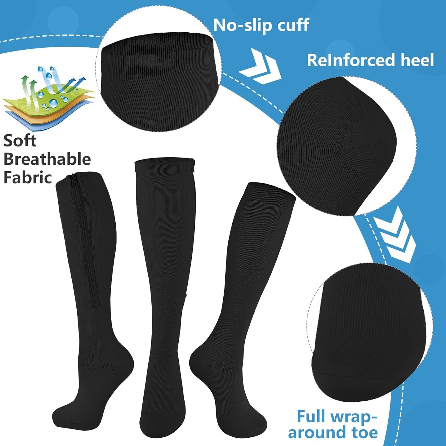 Zipper Close Toe Compression Socks for Women and Men 2 Pairs Knee high 15-20m…