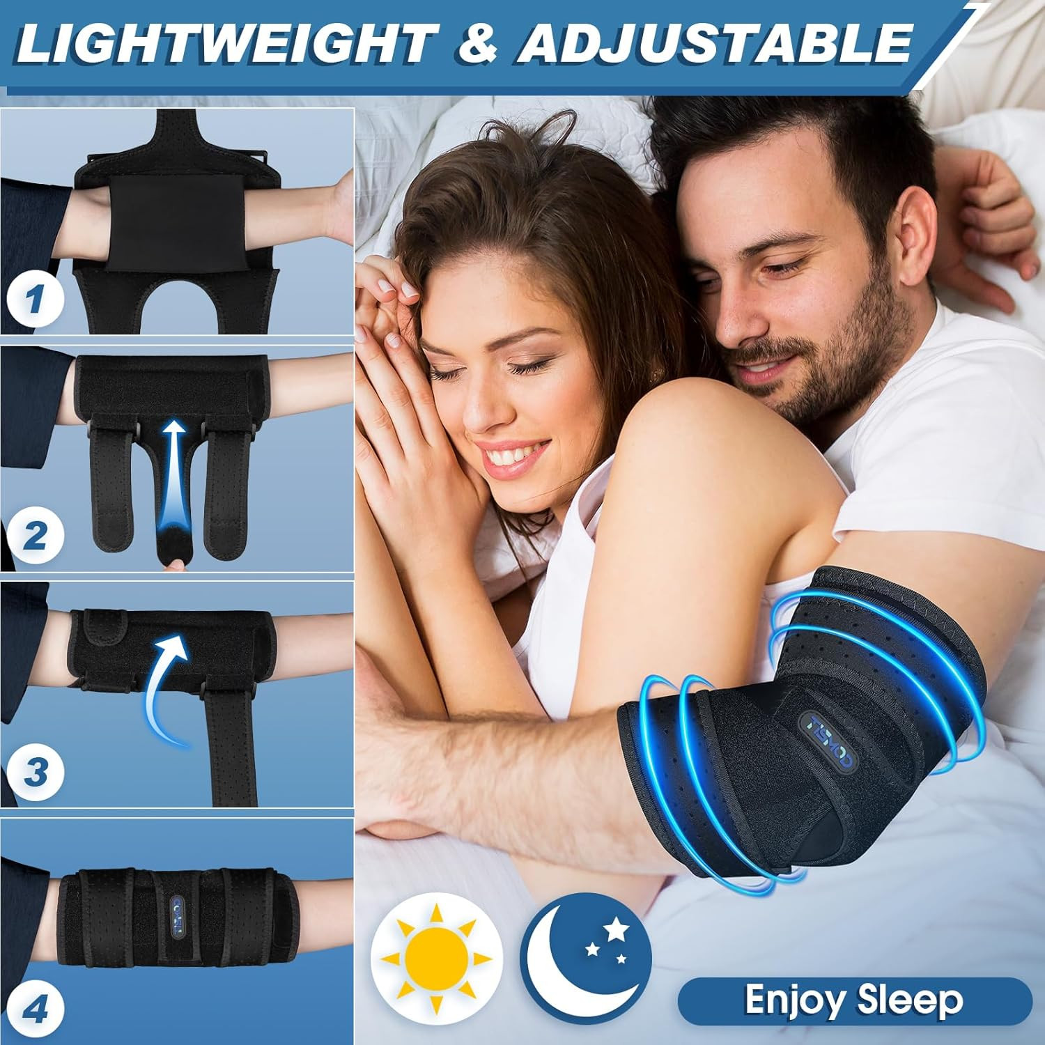 Adjustable Elbow Support Brace with Removable Splints Day Night Wear Unisex