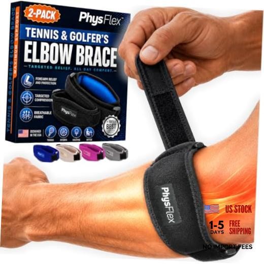 2-Pack Elbow Brace for Men & Women, Adjustable Tennis & Black (Pack Of 2)