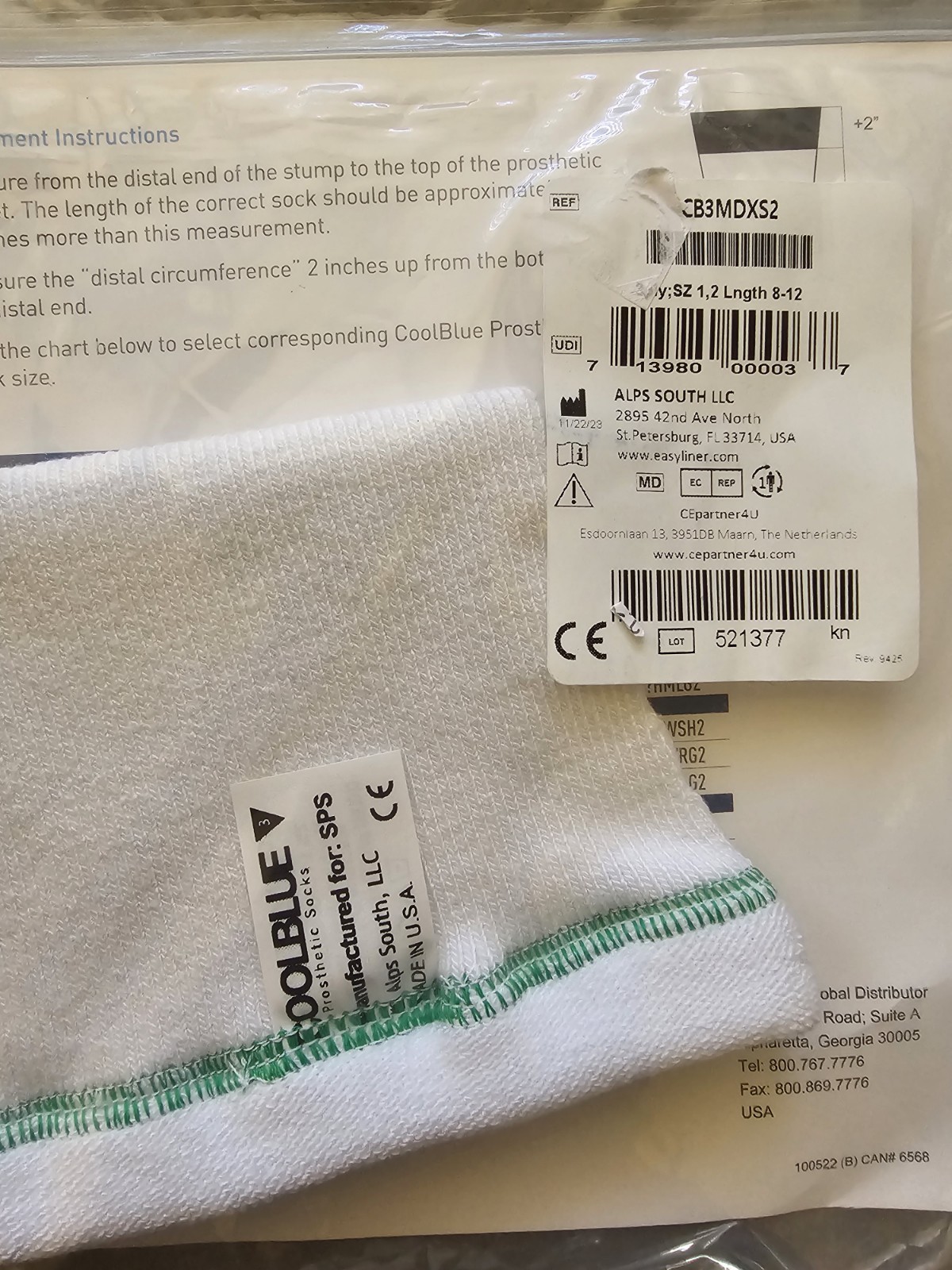 (1) Cool Blue Prosthetic Socks CB3HMXS2 3 Ply, SZ 1, 2 Length 8-12