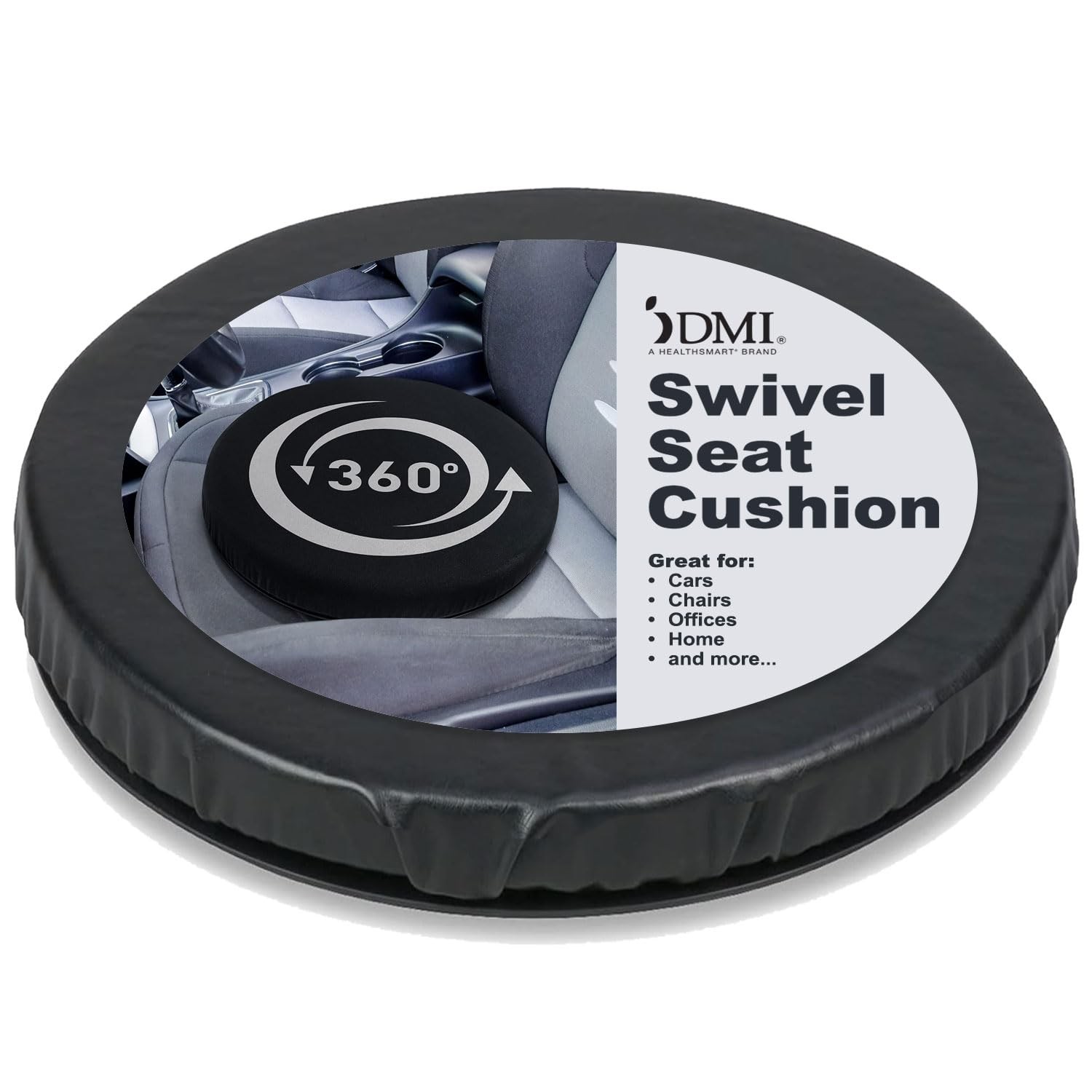 HealthSmart 360 Degree Swivel Seat Cushion, Chair 15 Diameter, Black Leather