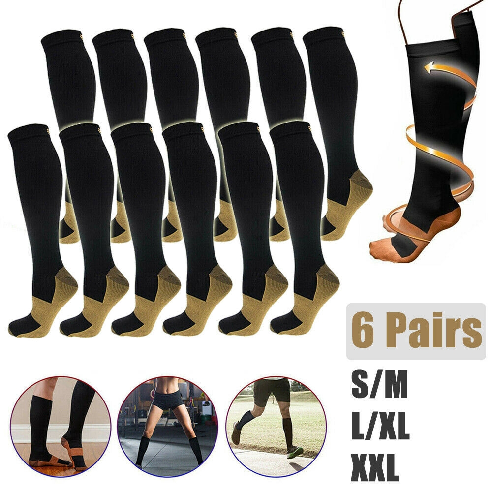 (6 Pairs) Copper Compression Socks 20-30mmHg Graduated Support Mens Womens S-XXL