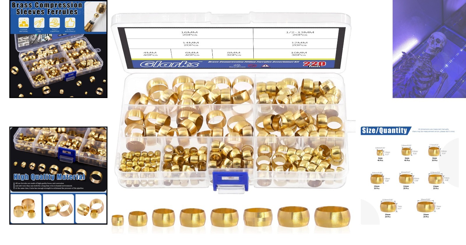 220Pcs Metric Brass Compression Ferrules – Ideal for 4mm to 16mm Tubing Systems