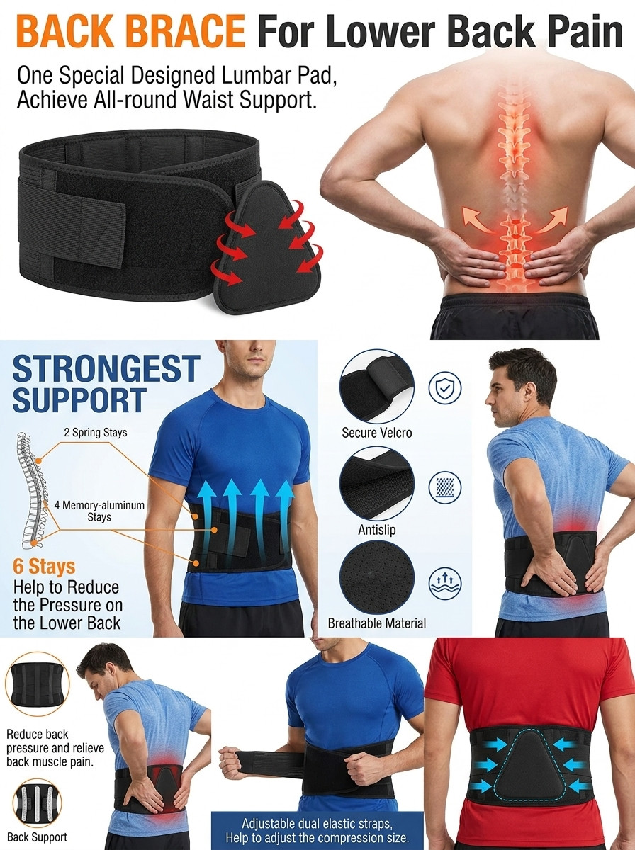 Premium Lower Back Support Brace Belt Lumbar Pad Pain Relief Posture Corrector