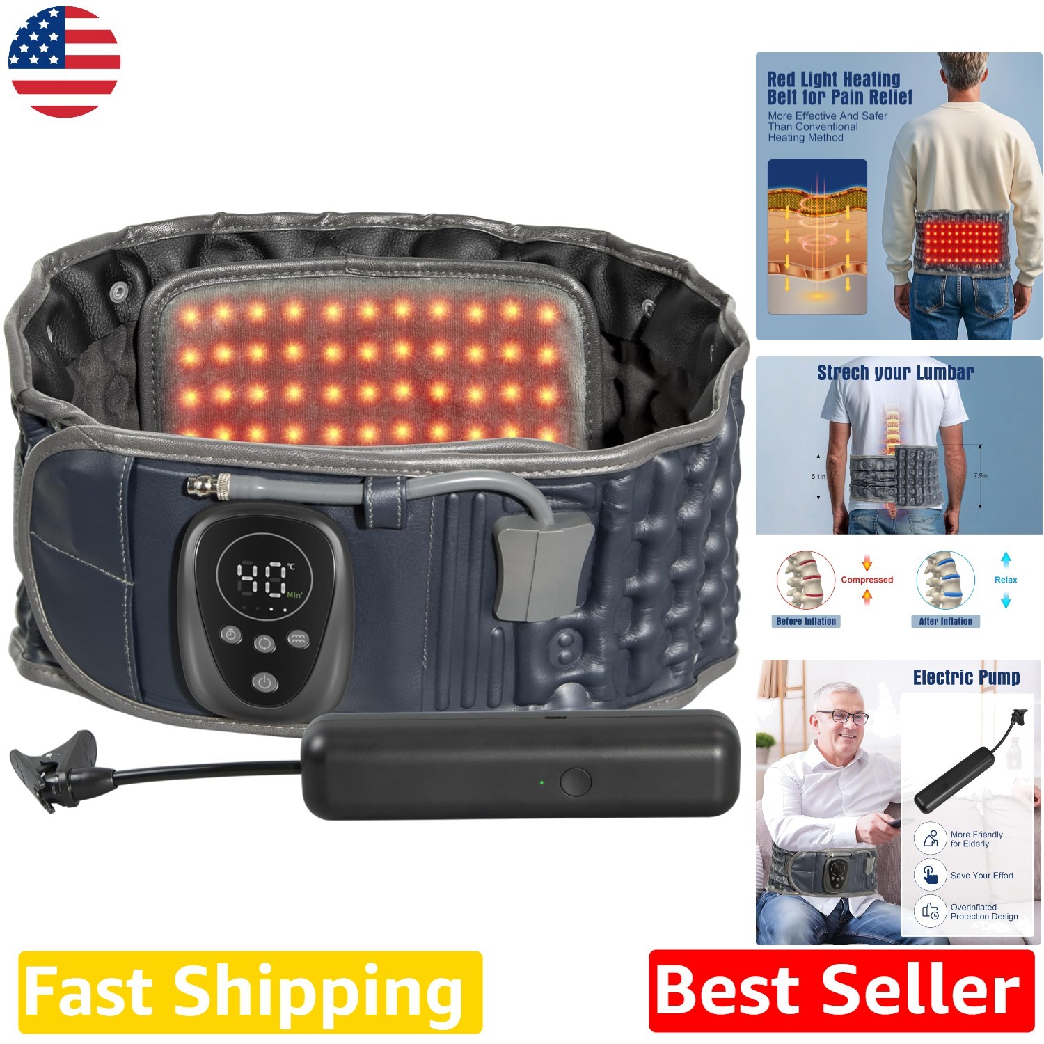 Inflatable Decompression Back Belt, Red Light Heated Lumbar Support, 6 Heat/T…