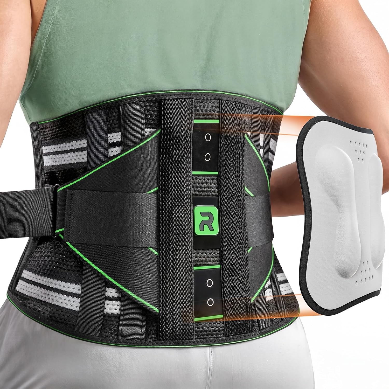 Adjustable Green Back Brace for Lumbar Support | Breathable Mesh Fabric, Size L