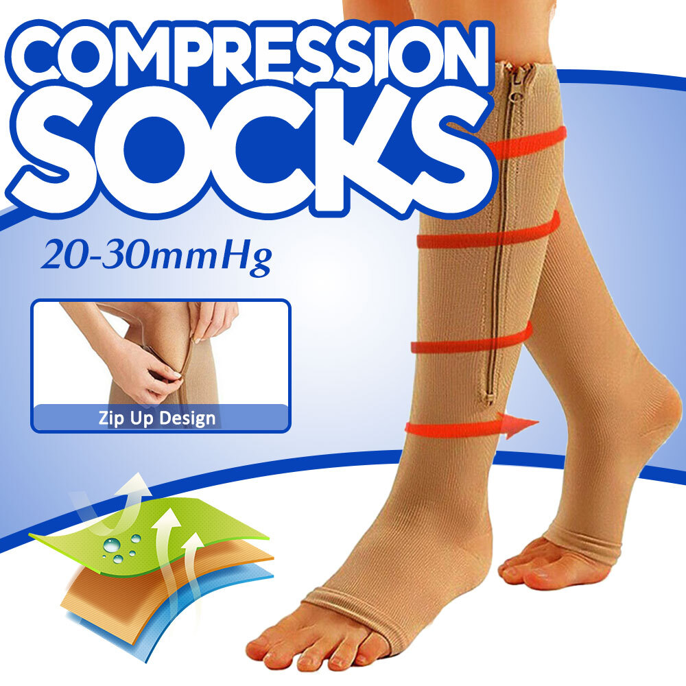 1/3Pair Of 20-30mmhg Open Toe Knee High Compression Stockings with Zipper Unisex