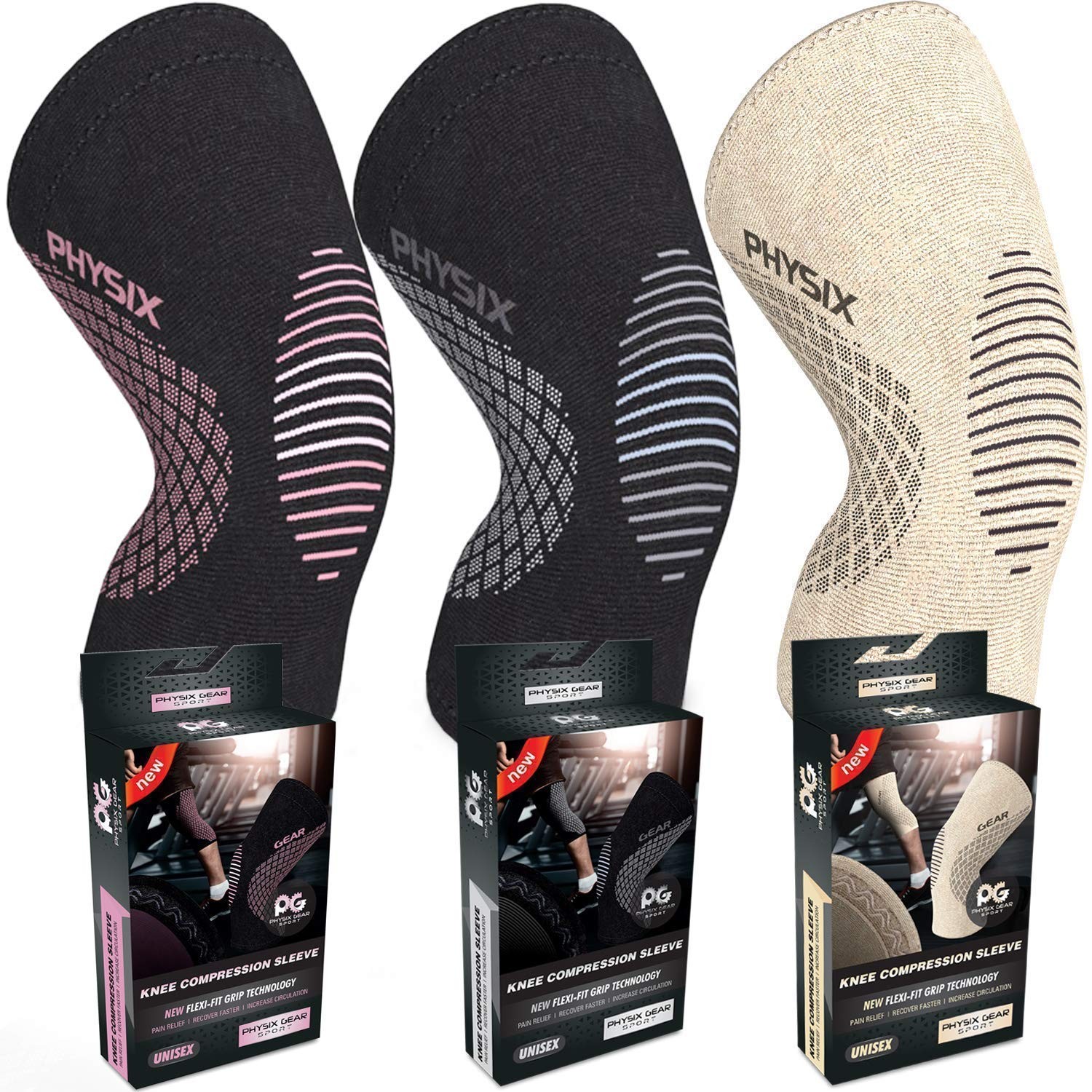 Physix Gear 3 Pack of Knee Support Brace Large, Grey + Pink + Beige