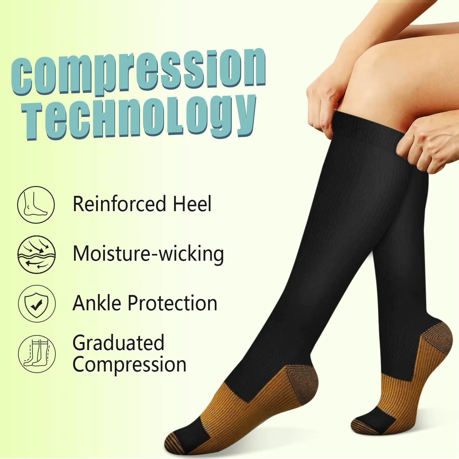 6 Pairs Solid Color Copper Compression Socks Nurse Compression Socks Black Skin