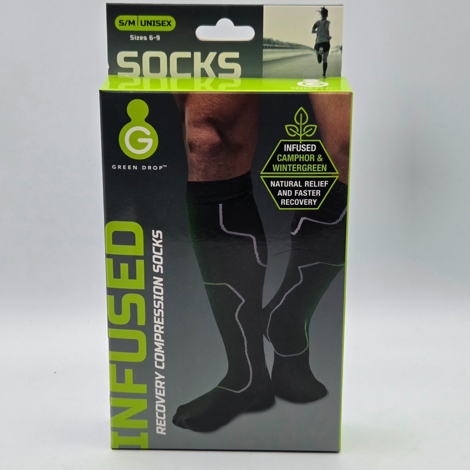 Green Drop Compression Socks Knee High Black S/M Unisex 6 -9 NEW in BOX 1 Ct