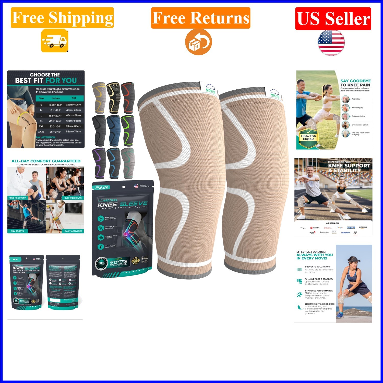 2 Pack Compression Knee Brace for Men & Women, Support for Pain Arthritis
