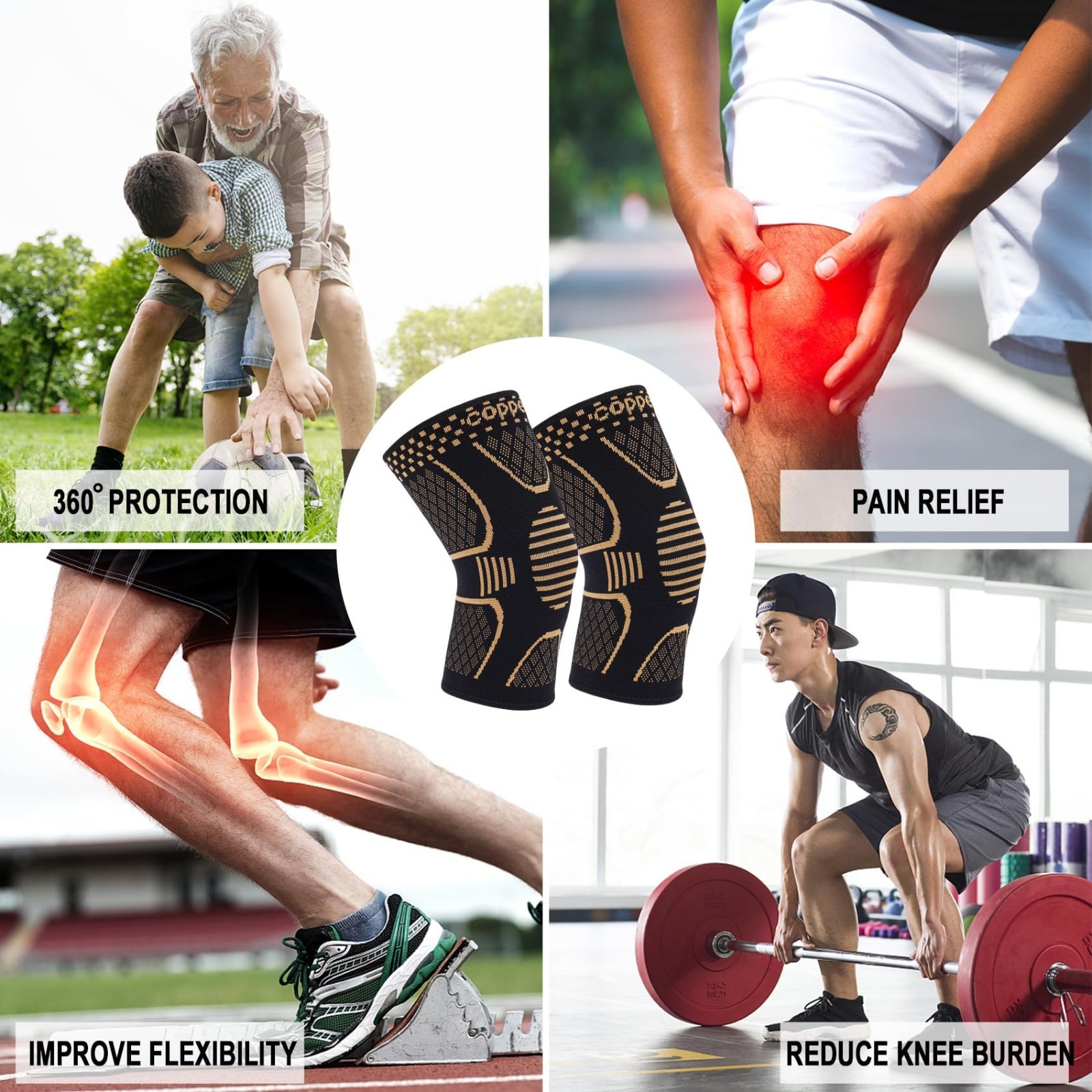 2x Knee Sleeves Copper Silver Compression Brace Support Sport Joint Injury Pain