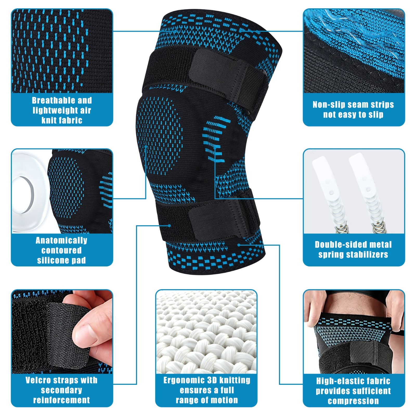 Knee Brace-Compression, Non-Slip, Breathable, Sports Support, Hook & Loop Straps