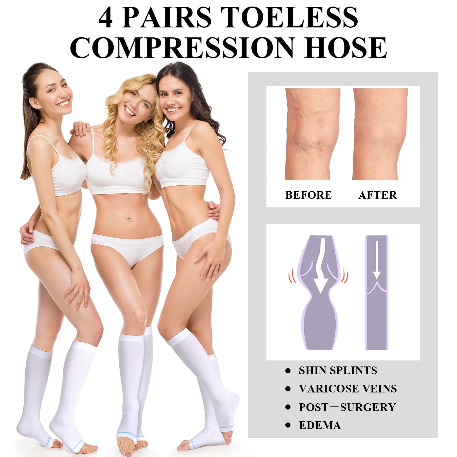 4 Pairs Open Toe Anti Embolism Compression Stockings TED Hose 15-20mmHg Compr…