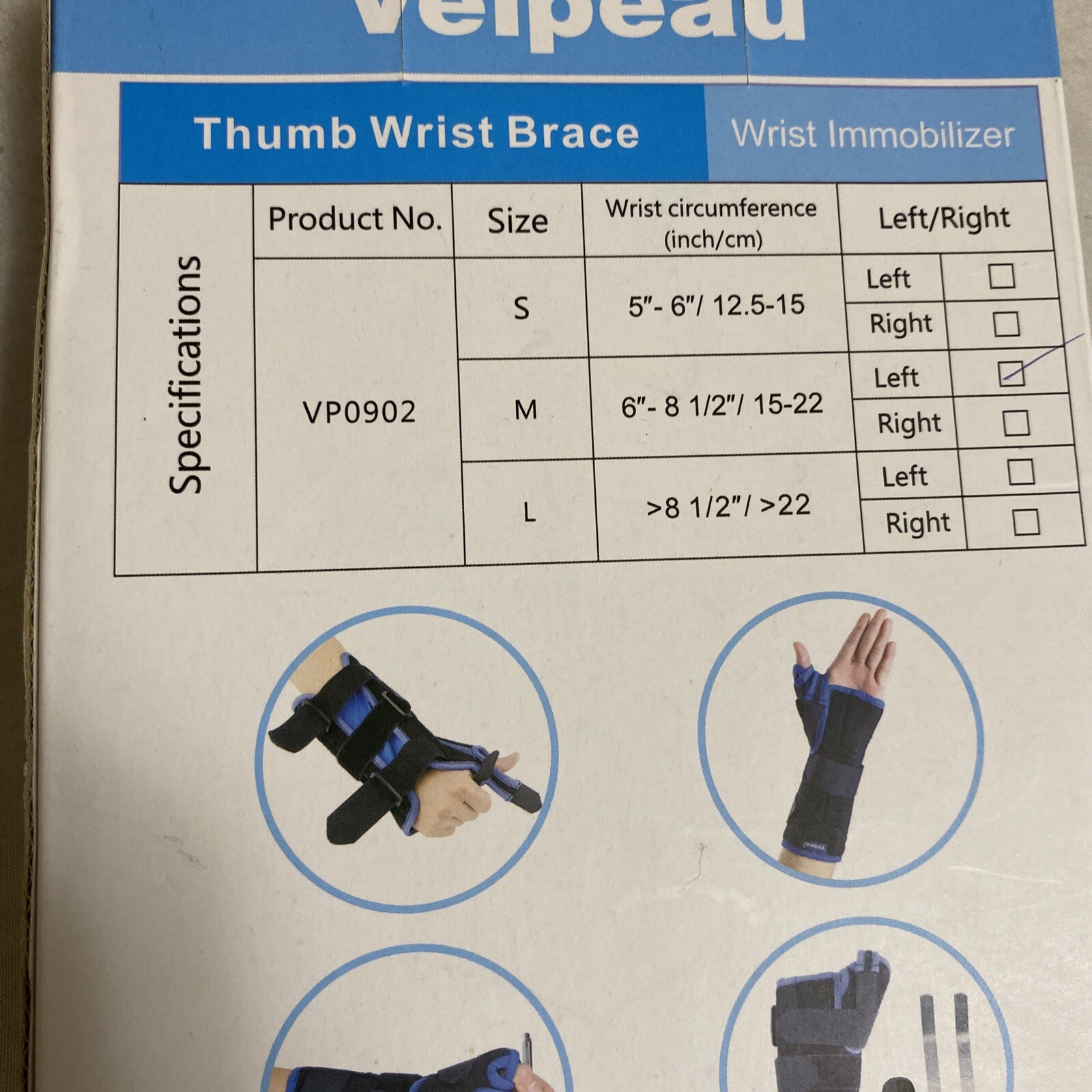 Velpeau Thumb Wrist Brace Wris Immobilized VP0902 Regular LEFT