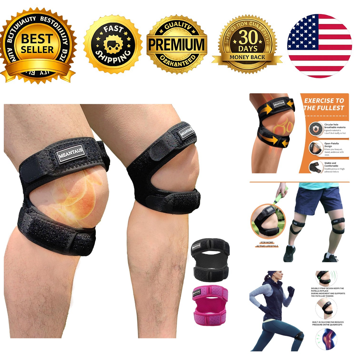 Dual Patella Knee Strap 2-Pack Adjustable Open Patella Brace Black Size L