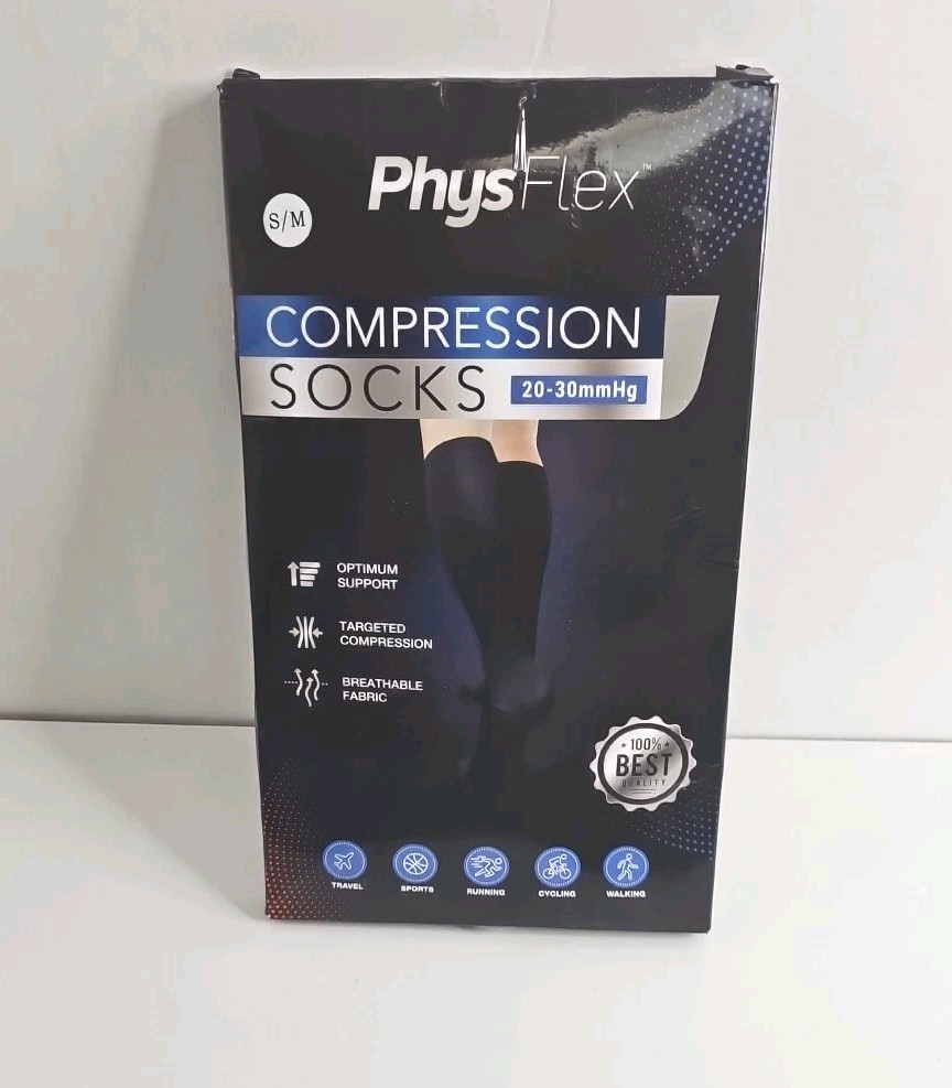 New PhysFlex 20-30mmHg Compression Socks Size S/M Men Women Knee High Black