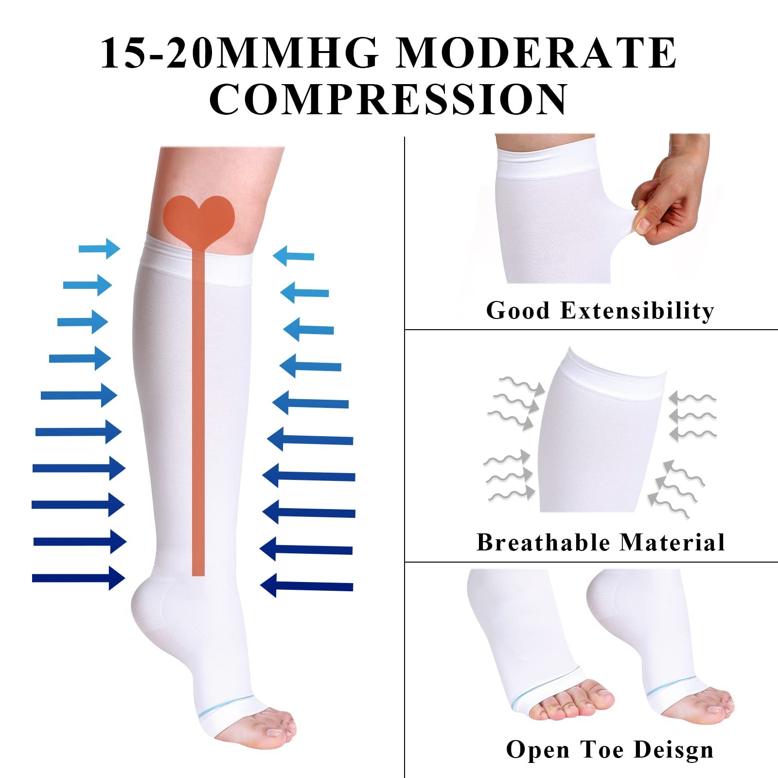 4 Pairs Open Toe Anti Embolism Compression Stockings TED Hose 15-20mmHg Compr…