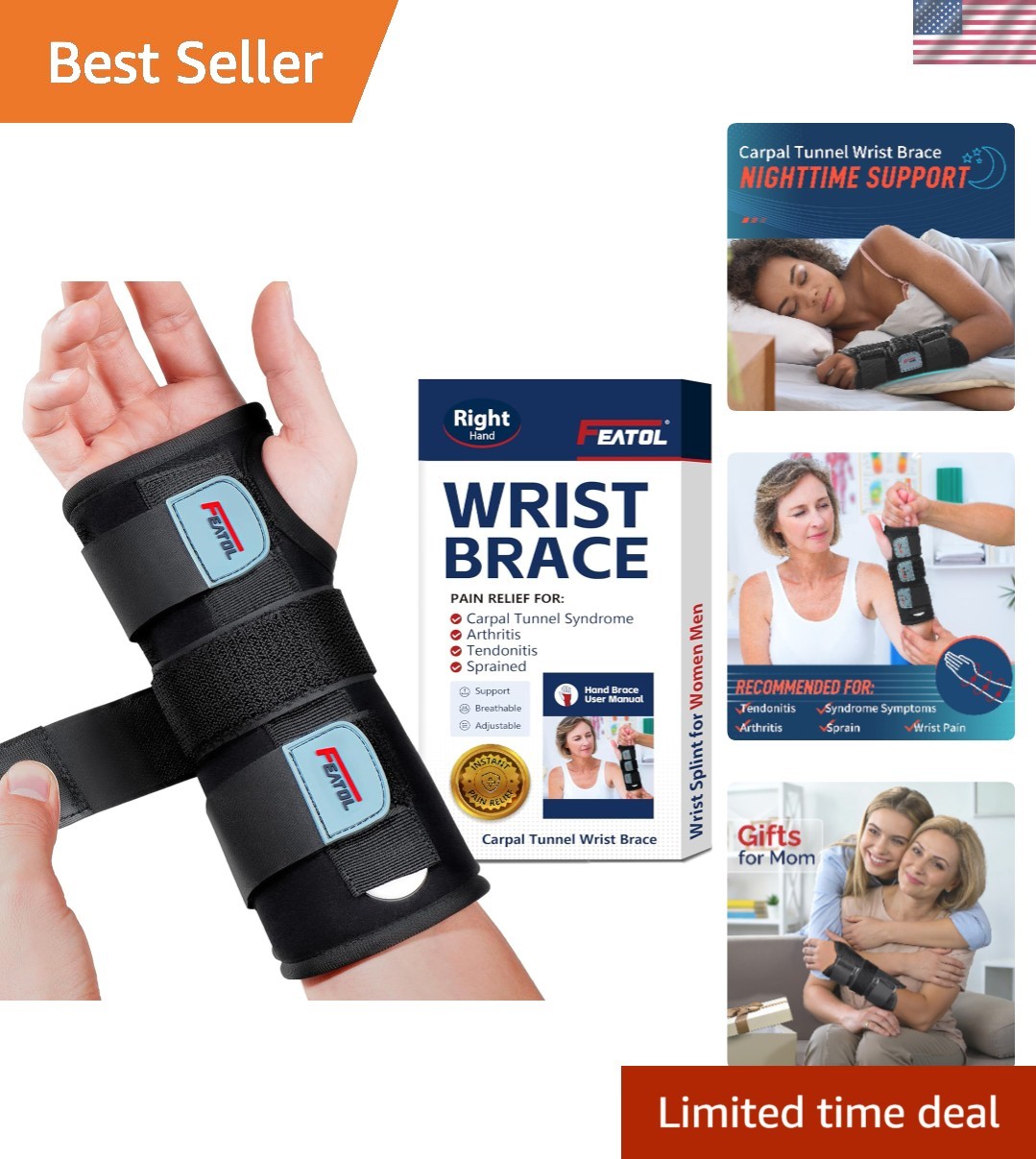 Carpal Tunnel Relief Wrist Brace – Adjustable Support for Tendonitis & Sprains