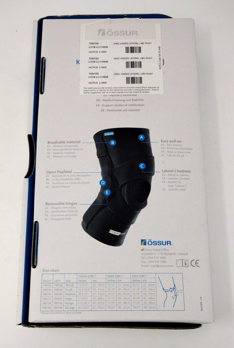 Ossur Form Fit Hinged Pull-On Lateral Right Knee J Brace, Medium – NEW!