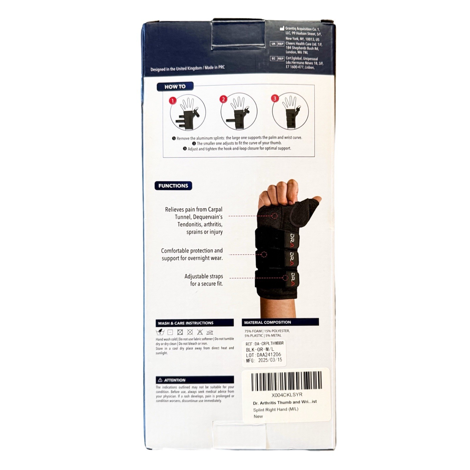 Dr. Arthritis Thumb & Wrist Support Brace & Handbook Size M/L Right Hand NEW