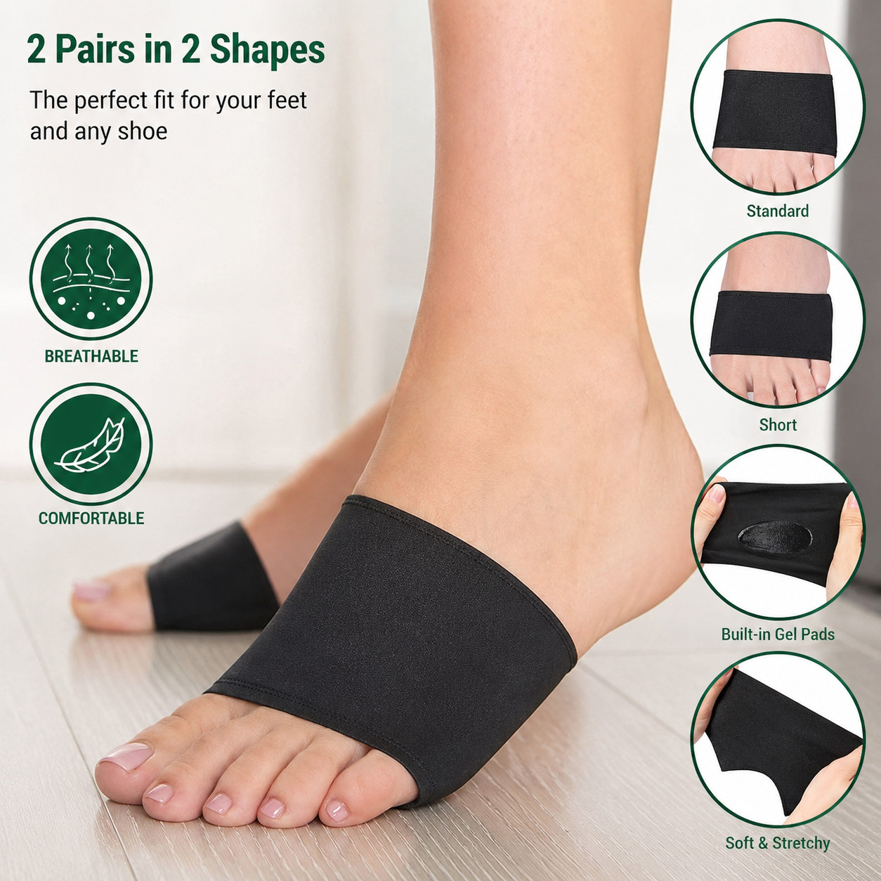 Metatarsal Sleeves w/ Gel Pads 2 Pairs Foot Pain Relief Black S