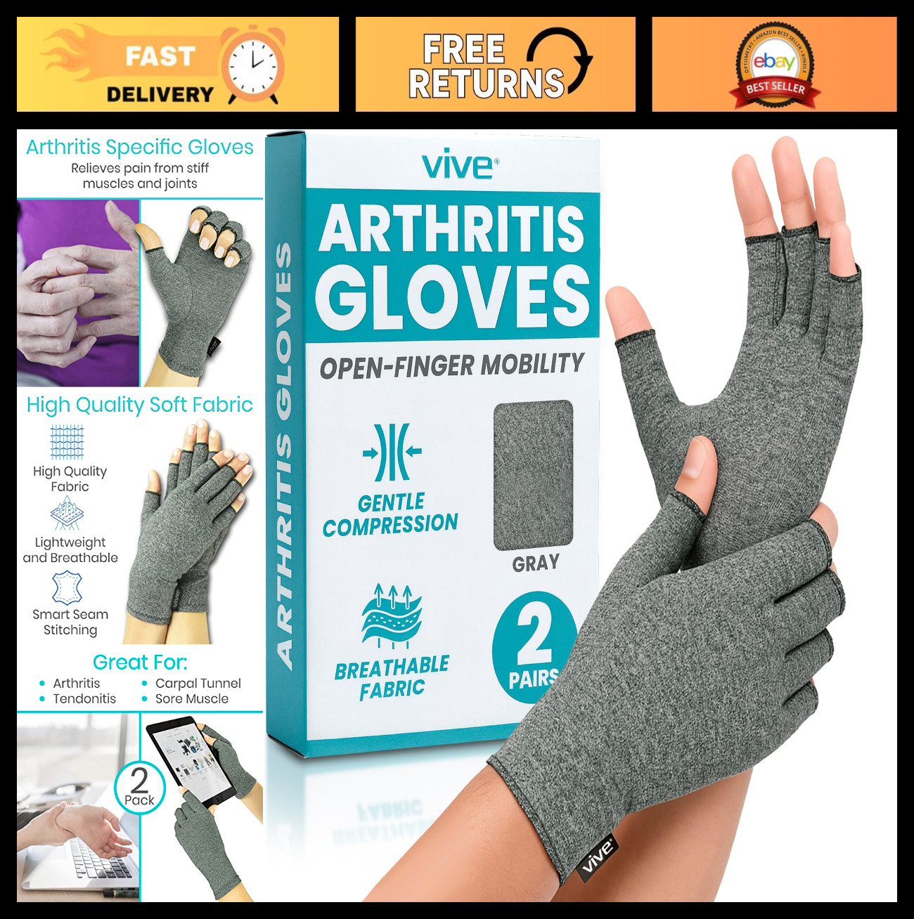 Compression Arthritis Gloves for Men & Women – Pain Relief, Open Finger Design,