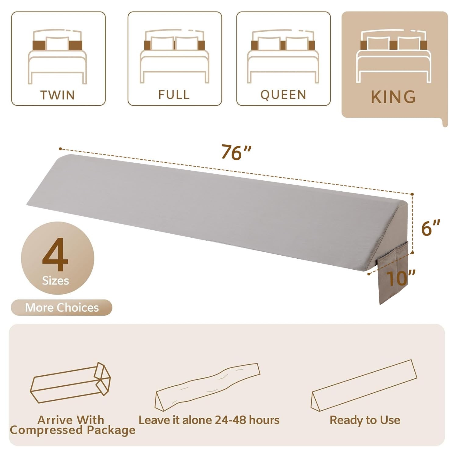 Bedluxe King Bed Wedge Pillow for Headboard, King(76″x10″x6″-Large), Grey
