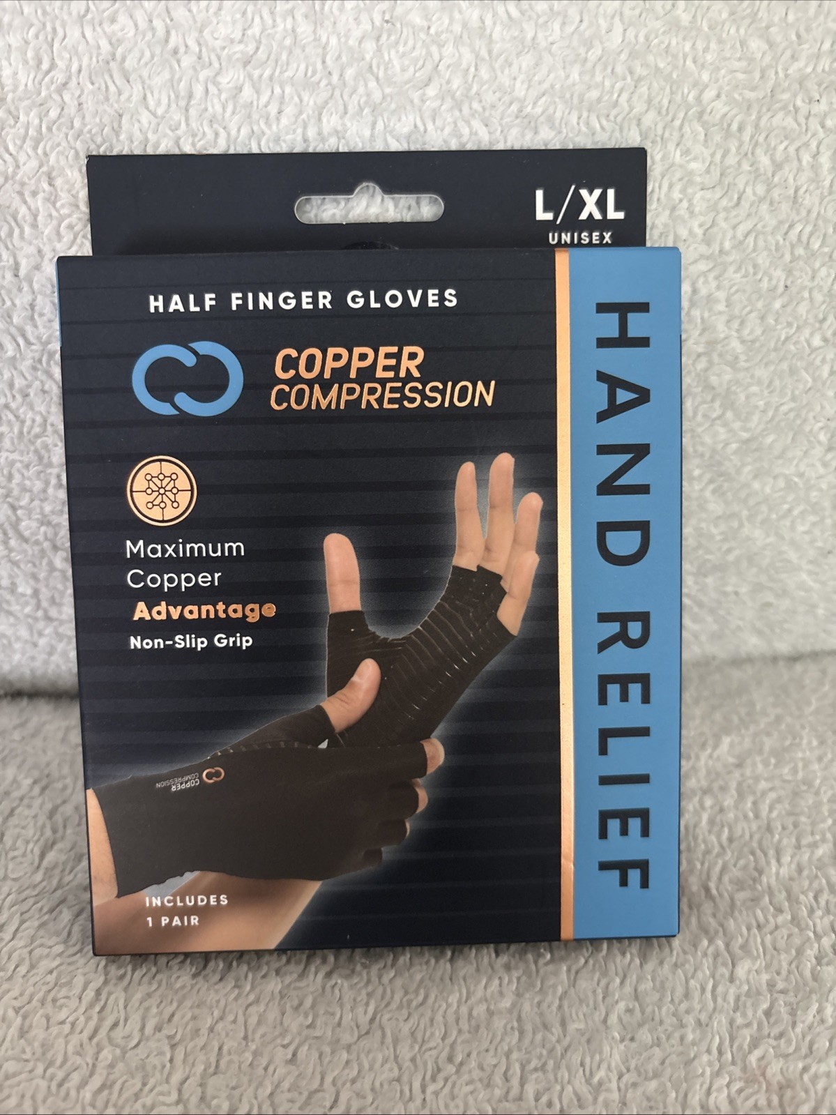 Copper Compression Hand Relief Half Finger Gloves L/XL Unisex Non Slip Grip NEW!