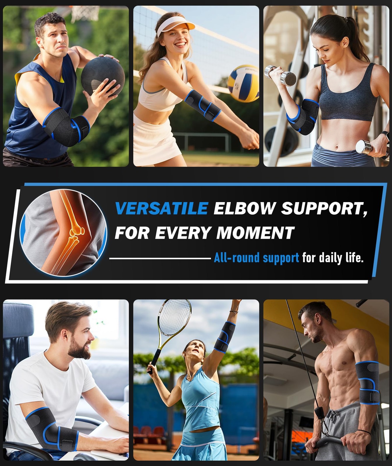 OXYSAIKO Elbow Brace for Tennis & Tendonitis- Adjustable Black