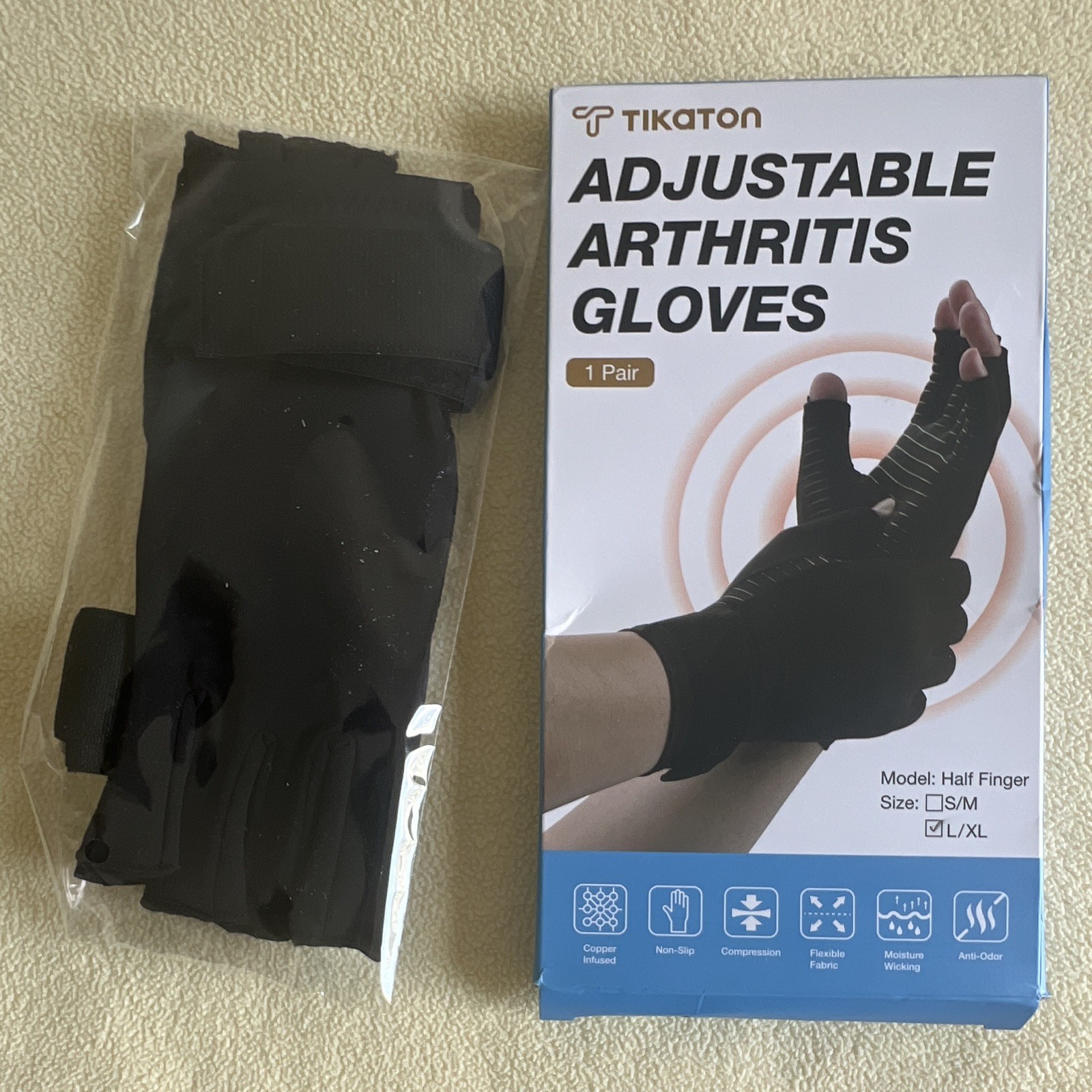 TIKATON Half Finger Arthritis Gloves L/XL Black Adjustable Copper Nylon Spandex