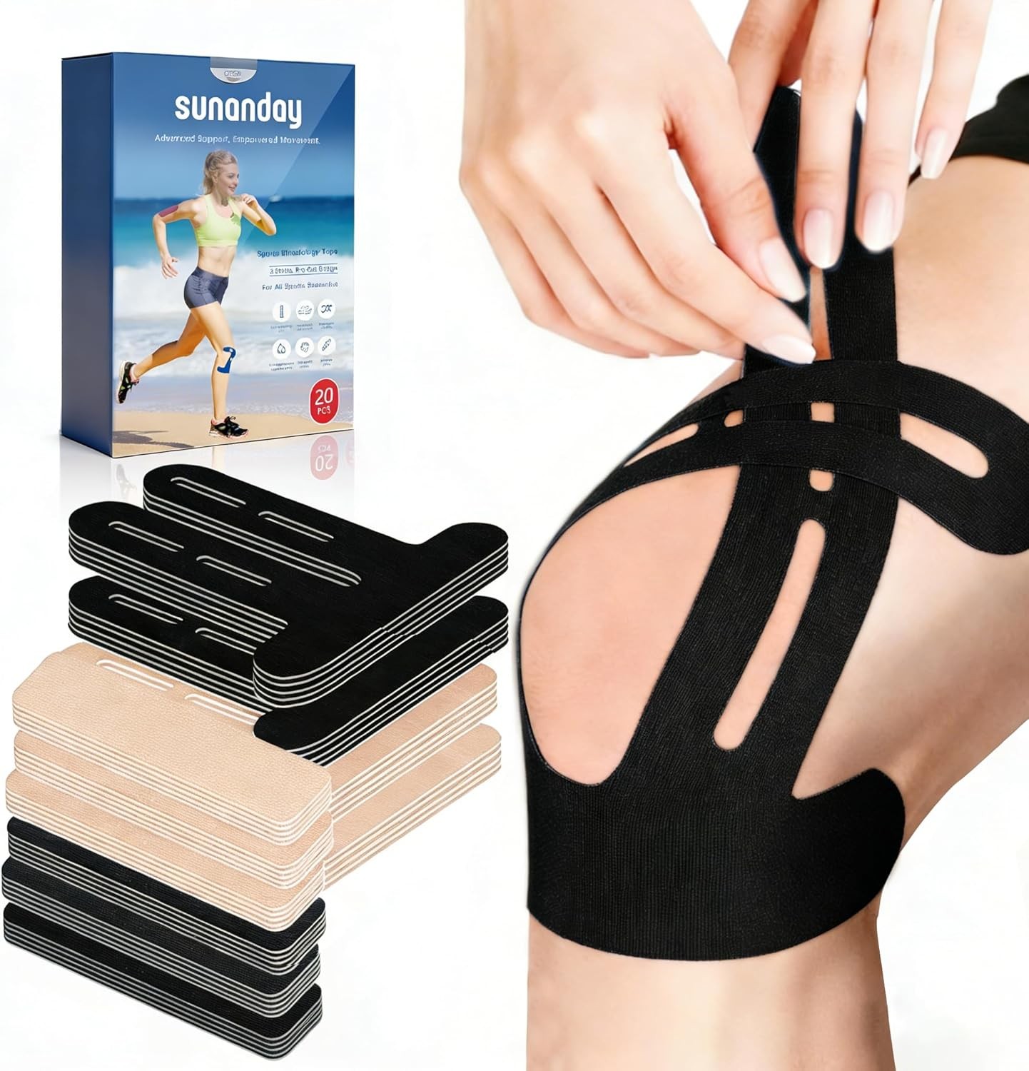 20 PCS Waterproof Kinesiology Tape for Shoulders/Knees,Precut Strips for Knee Pa
