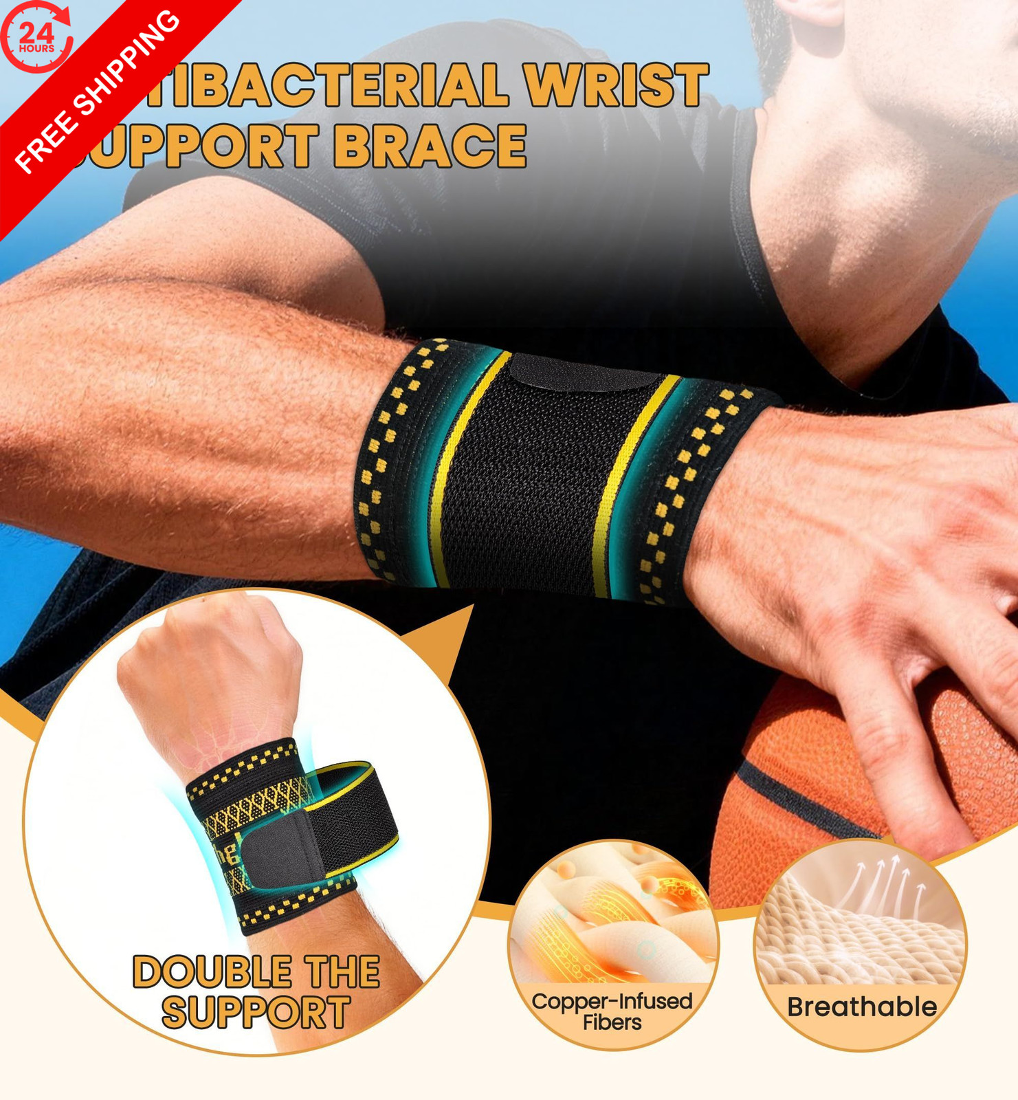 Copper Infused Compression Wrist Support Brace with Adjustable Medium,