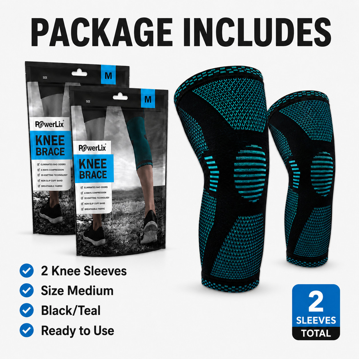 POWERLIX Knee Brace Compression Sleeve 2 Pack Pair Men Women Medium Teal Support