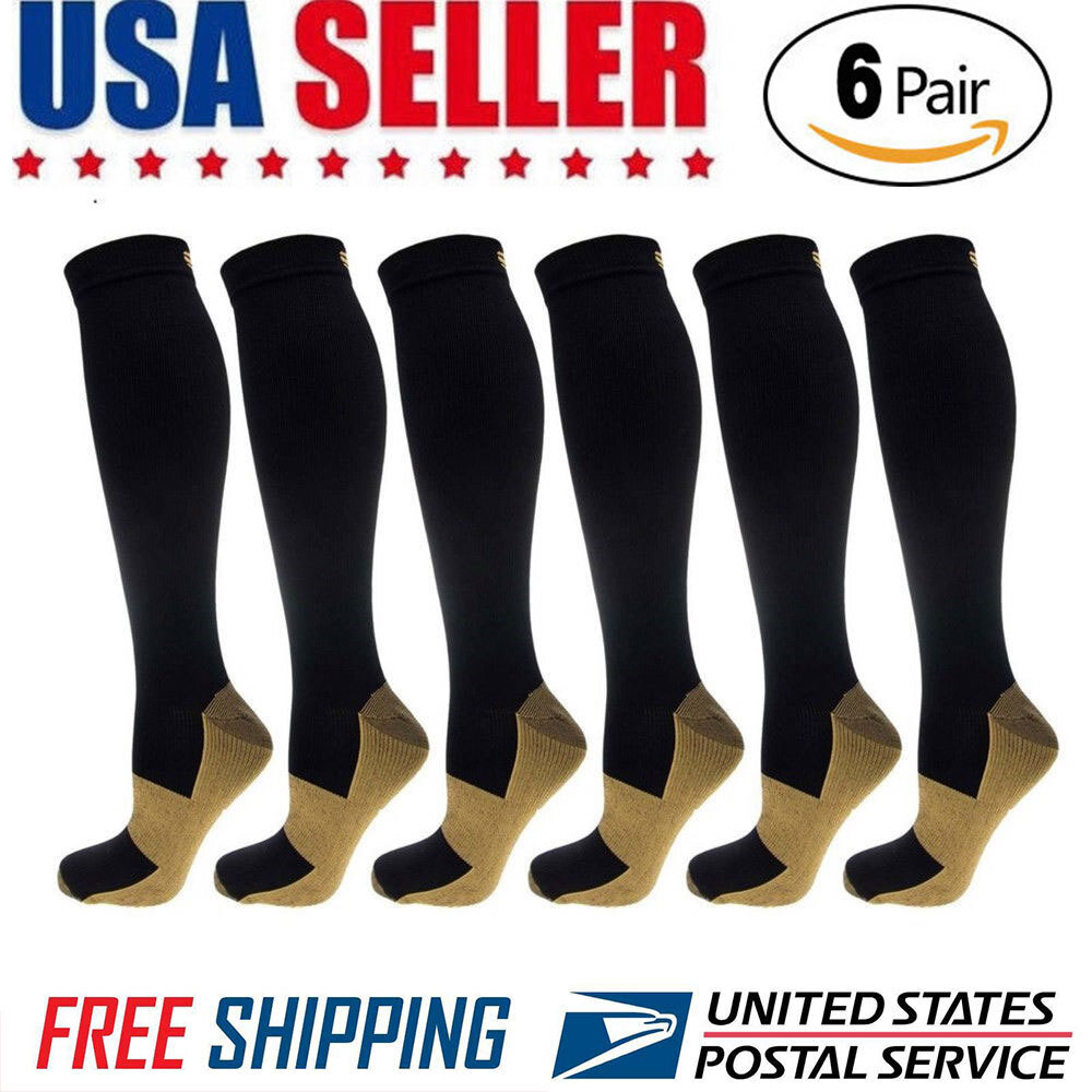 6 Pairs Copper Compression Socks 20-30mmHg Graduated Support Men & Women S-XXL