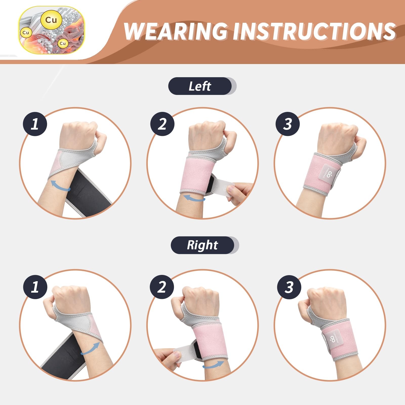 2 Pack Copper Carpal Tunnel Wrist brace, Compression Wrist Band Wraps for Spr…