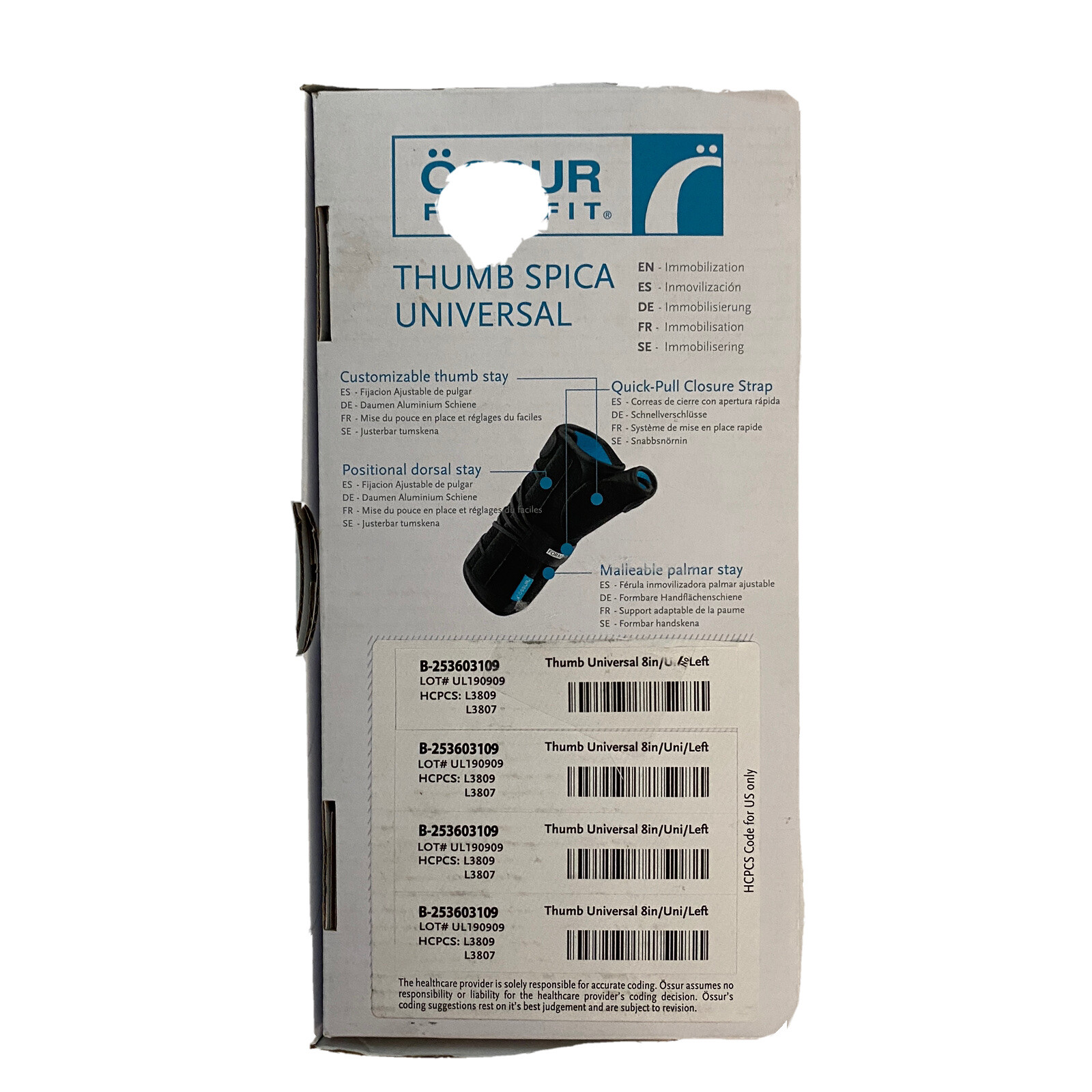 Ossur Formfit Thumb Spica Splint Left XL Wrist Sprain Tendonitis Post-Casting