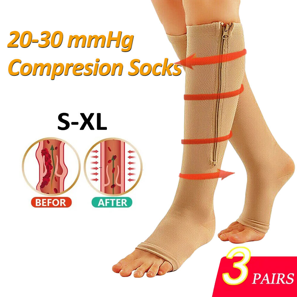3Pair Zipper Compression Socks Support Stockings Unisex Leg Calf Pressure Socks