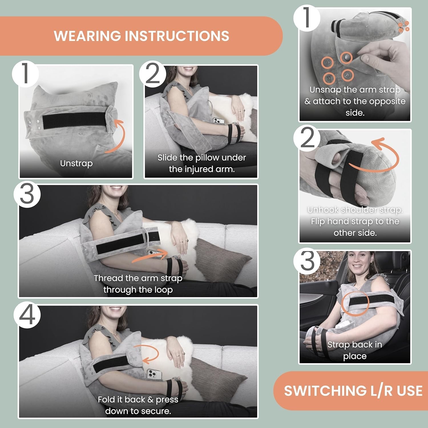 Charcoal Black Post-Surgery Pillow with Arm Support – Machine Washable & Firm