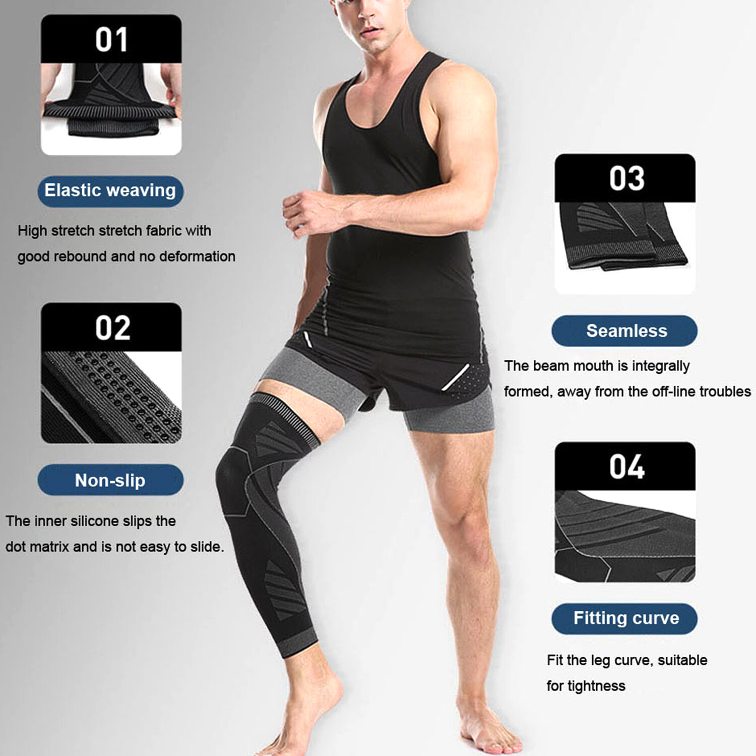 Full Leg Compression Sleeve Knee Support Brace Meniscus Tear Arthritis Pain Gym