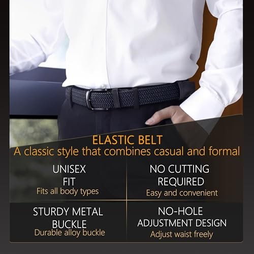 Elastic Braided Belt Waist Adjustable:36″-42″ (46″ Length) Blacka Black Buckle