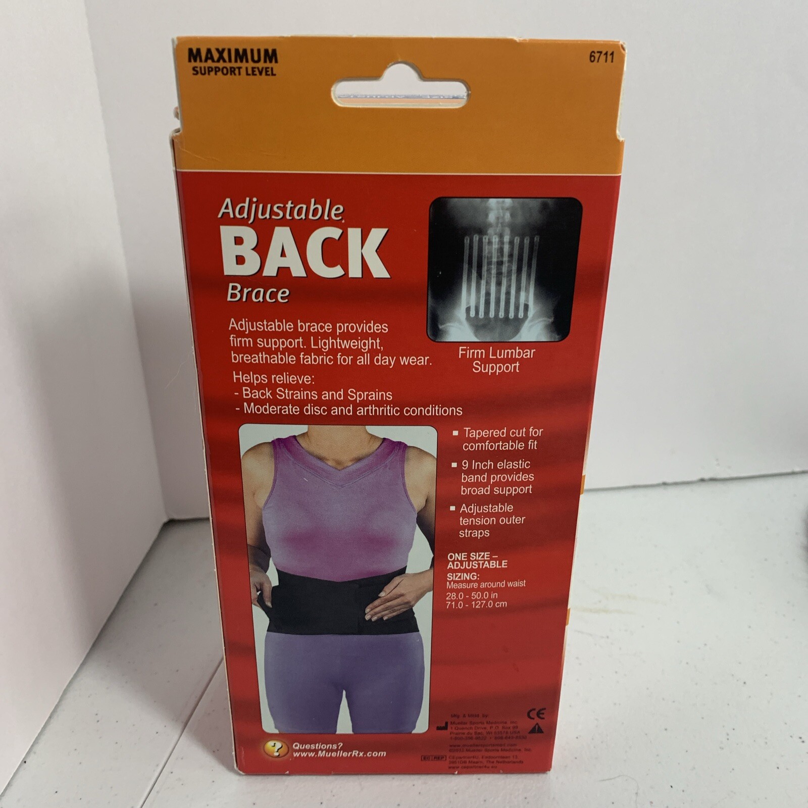 NEW Mueller Adjustable Back Brace, Black, One Size, Adjustable, 6711