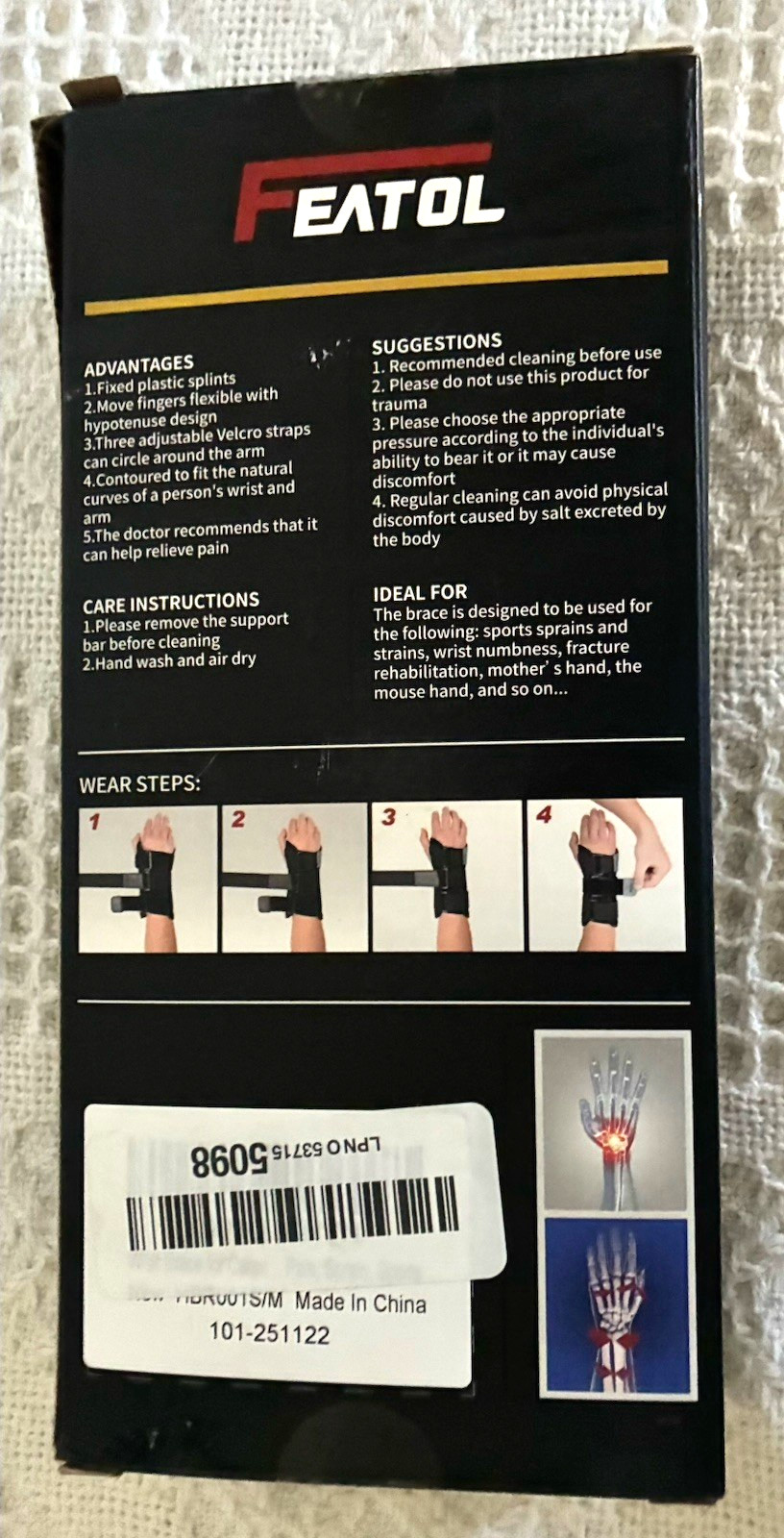 FEATOL Wrist Brace Support Splint Carpal Tunnel Pain Relief Adjustable S/M Black